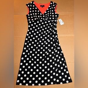 Ronni Nicole Polka Dot Dress Womens 10 Black White Ruched Mock Wrap NWT